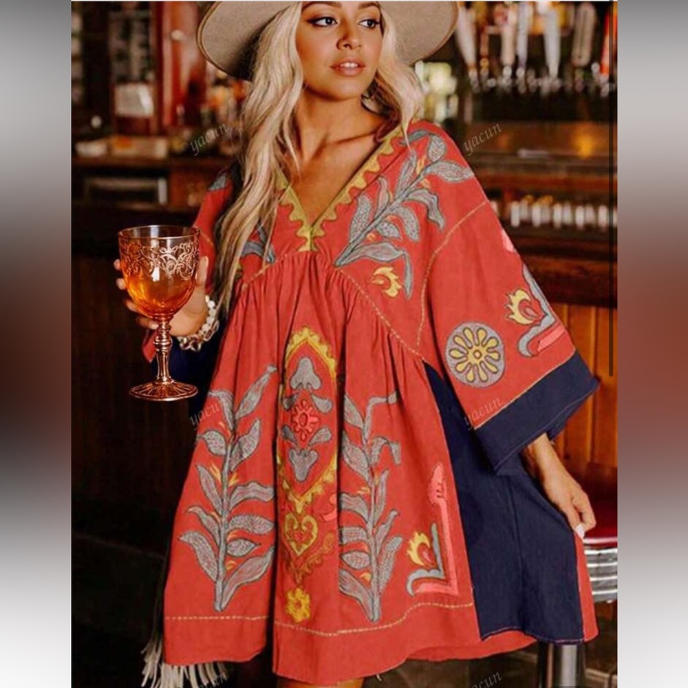 SHEIN Red and Blue Embroidered Mini Dress